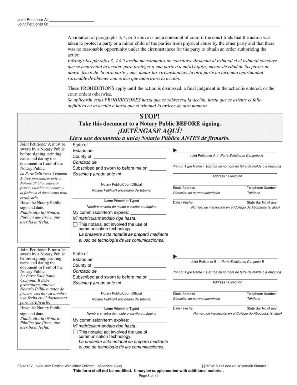Form FA-4110V Joint Petition With Minor Children - Wisconsin (English / Spanish), Page 8
