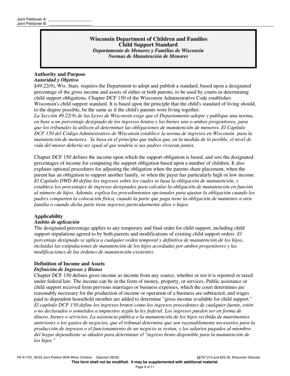 Form FA-4110V Joint Petition With Minor Children - Wisconsin (English / Spanish), Page 9