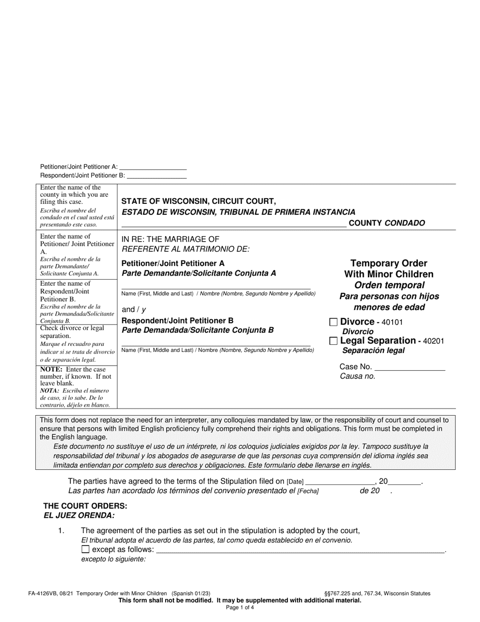 Form FA-4126VB Temporary Order With Minor Children - Wisconsin (English / Spanish), Page 1