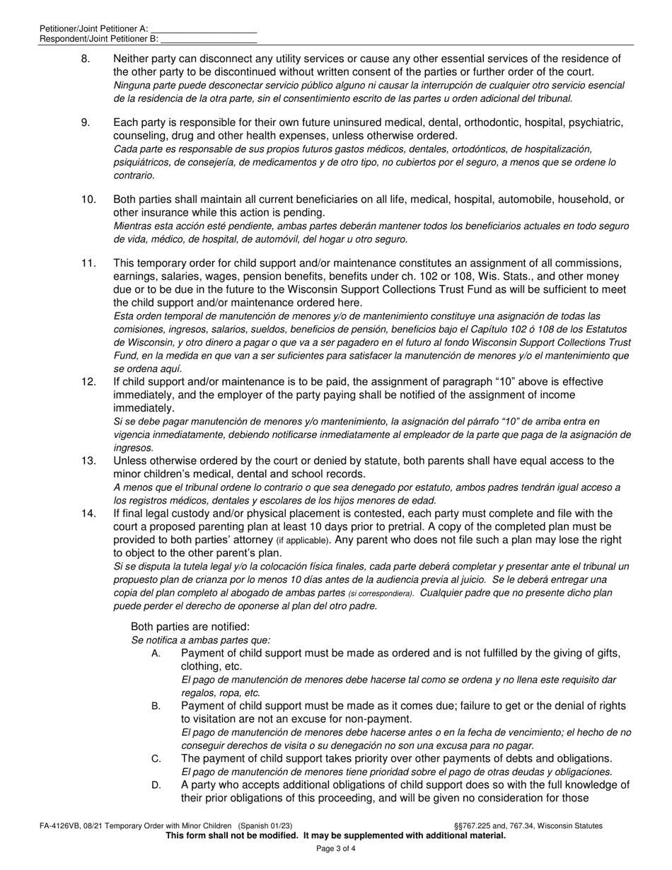 Form FA-4126VB Temporary Order With Minor Children - Wisconsin (English / Spanish), Page 3