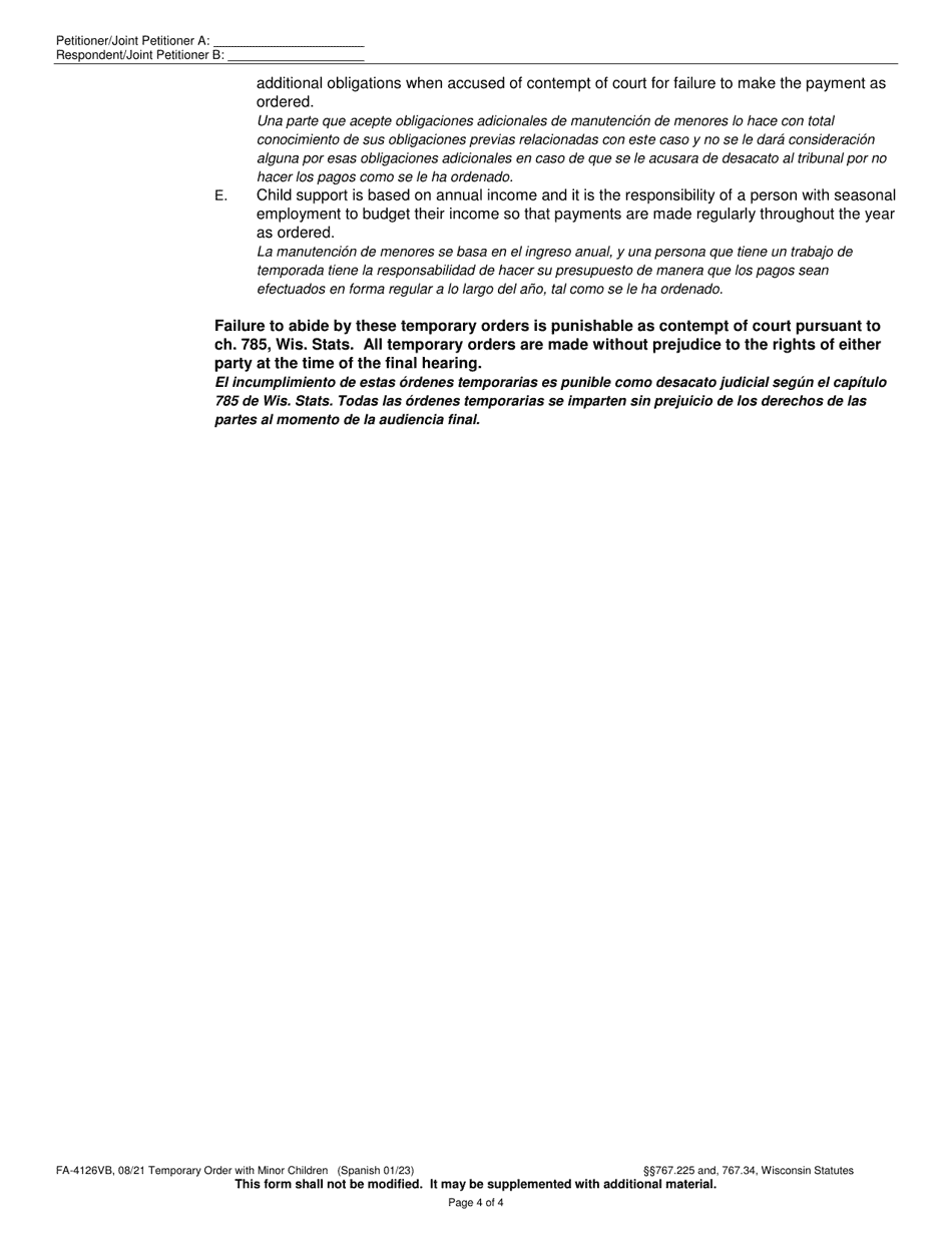 Form FA-4126VB Temporary Order With Minor Children - Wisconsin (English / Spanish), Page 4