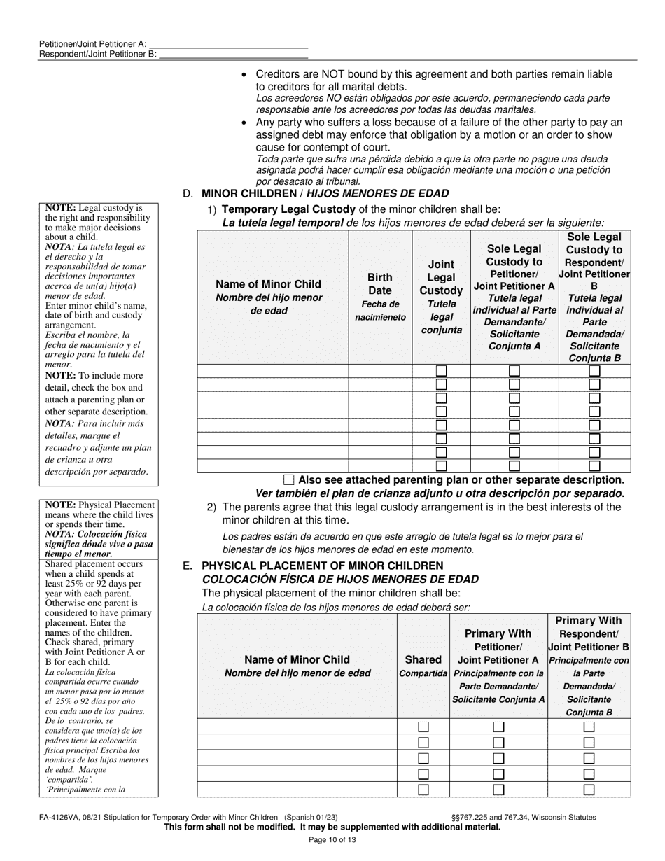Form FA-4126VA Stipulation for Temporary Order With Minor Children - Wisconsin (English / Spanish), Page 10