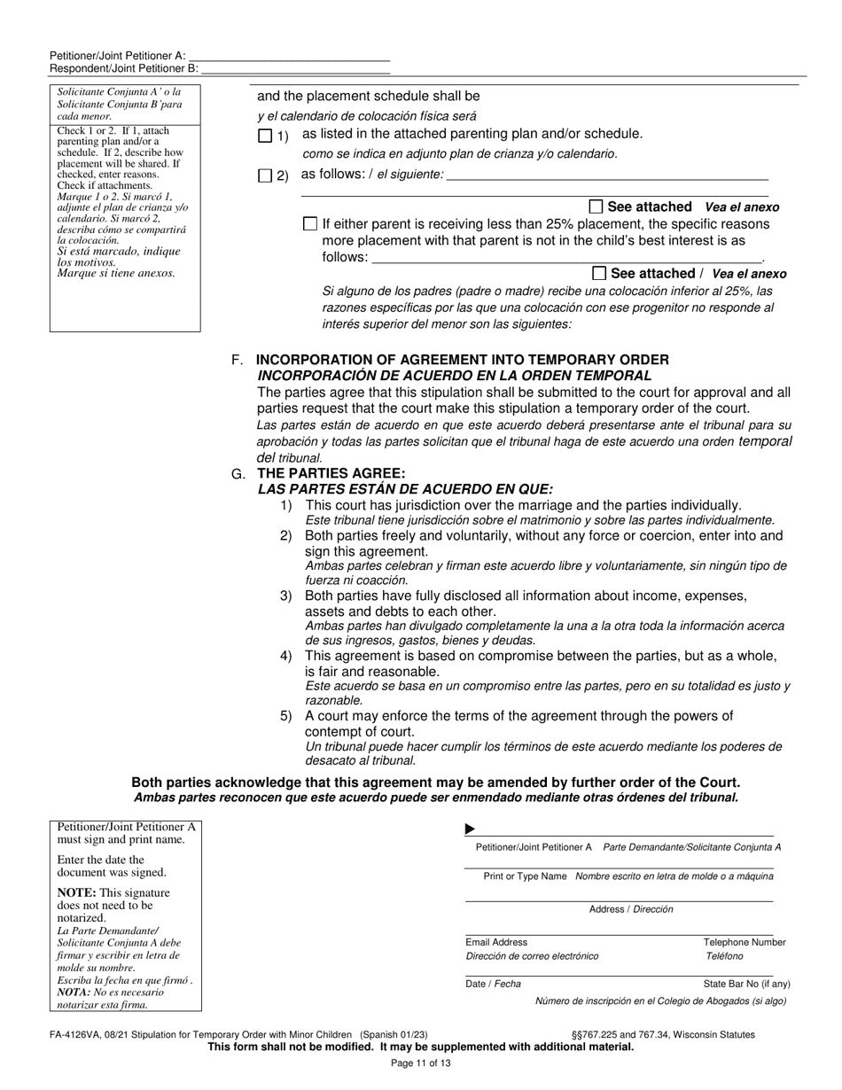 Form FA-4126VA Stipulation for Temporary Order With Minor Children - Wisconsin (English / Spanish), Page 11