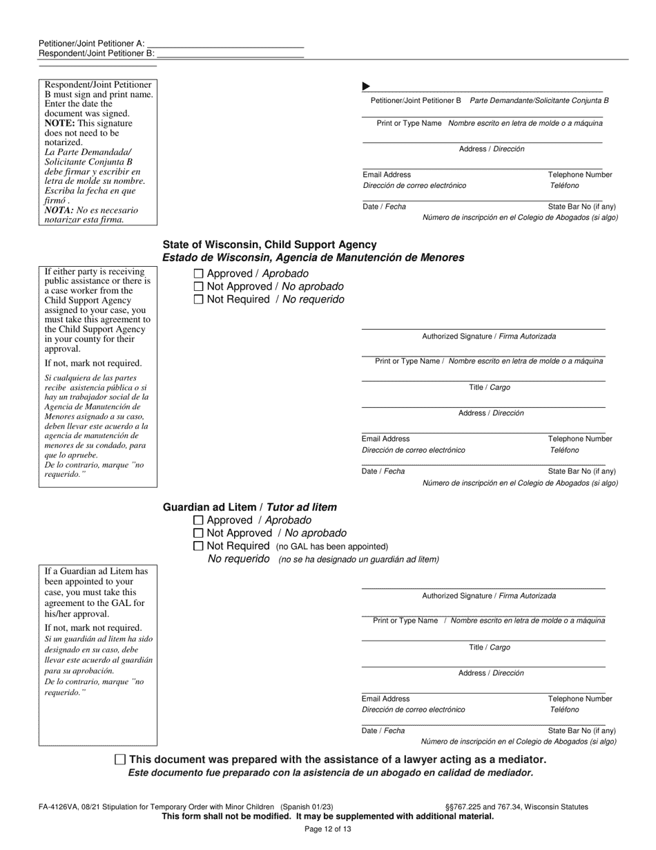 Form FA-4126VA Stipulation for Temporary Order With Minor Children - Wisconsin (English / Spanish), Page 12