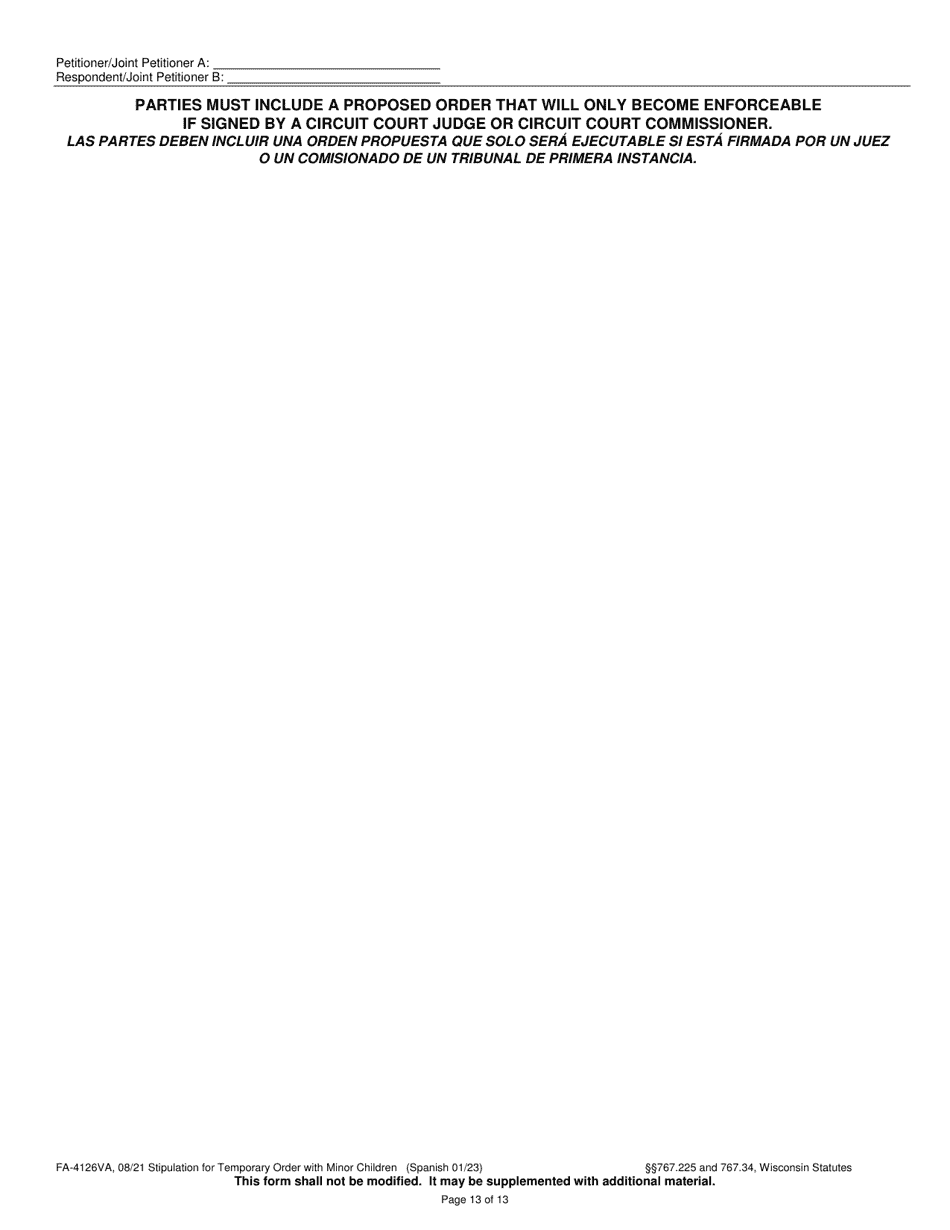 Form FA-4126VA Stipulation for Temporary Order With Minor Children - Wisconsin (English / Spanish), Page 13