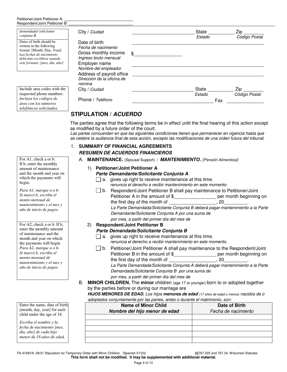 Form FA-4126VA Stipulation for Temporary Order With Minor Children - Wisconsin (English / Spanish), Page 2