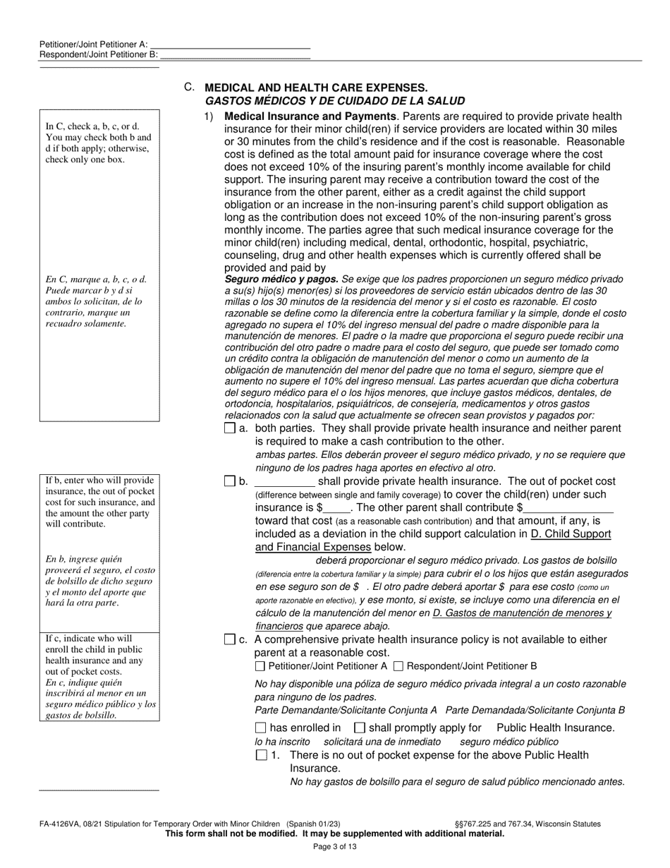 Form FA-4126VA Stipulation for Temporary Order With Minor Children - Wisconsin (English / Spanish), Page 3