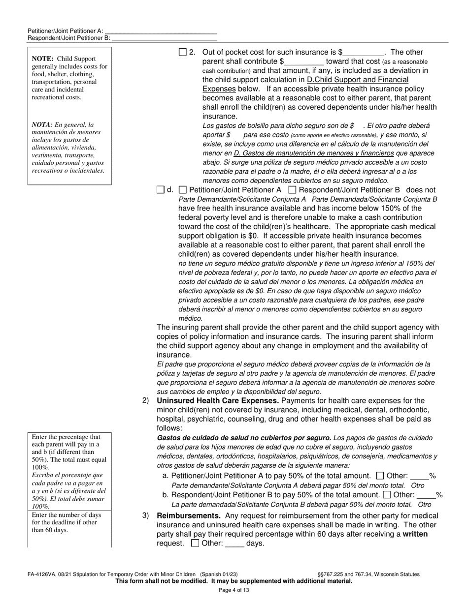 Form FA-4126VA Stipulation for Temporary Order With Minor Children - Wisconsin (English / Spanish), Page 4