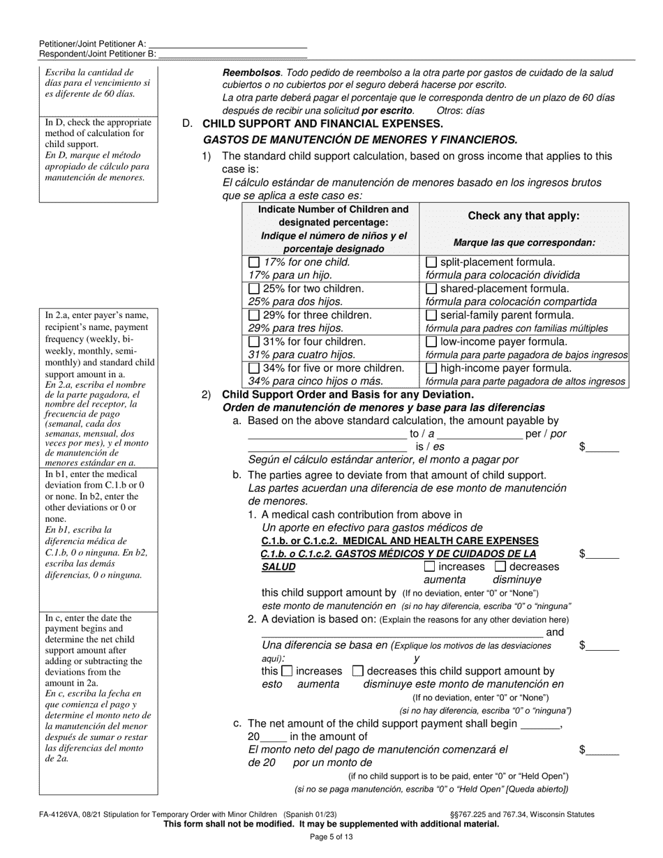 Form FA-4126VA Stipulation for Temporary Order With Minor Children - Wisconsin (English / Spanish), Page 5