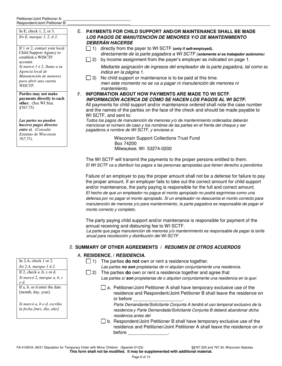 Form FA-4126VA Stipulation for Temporary Order With Minor Children - Wisconsin (English / Spanish), Page 6