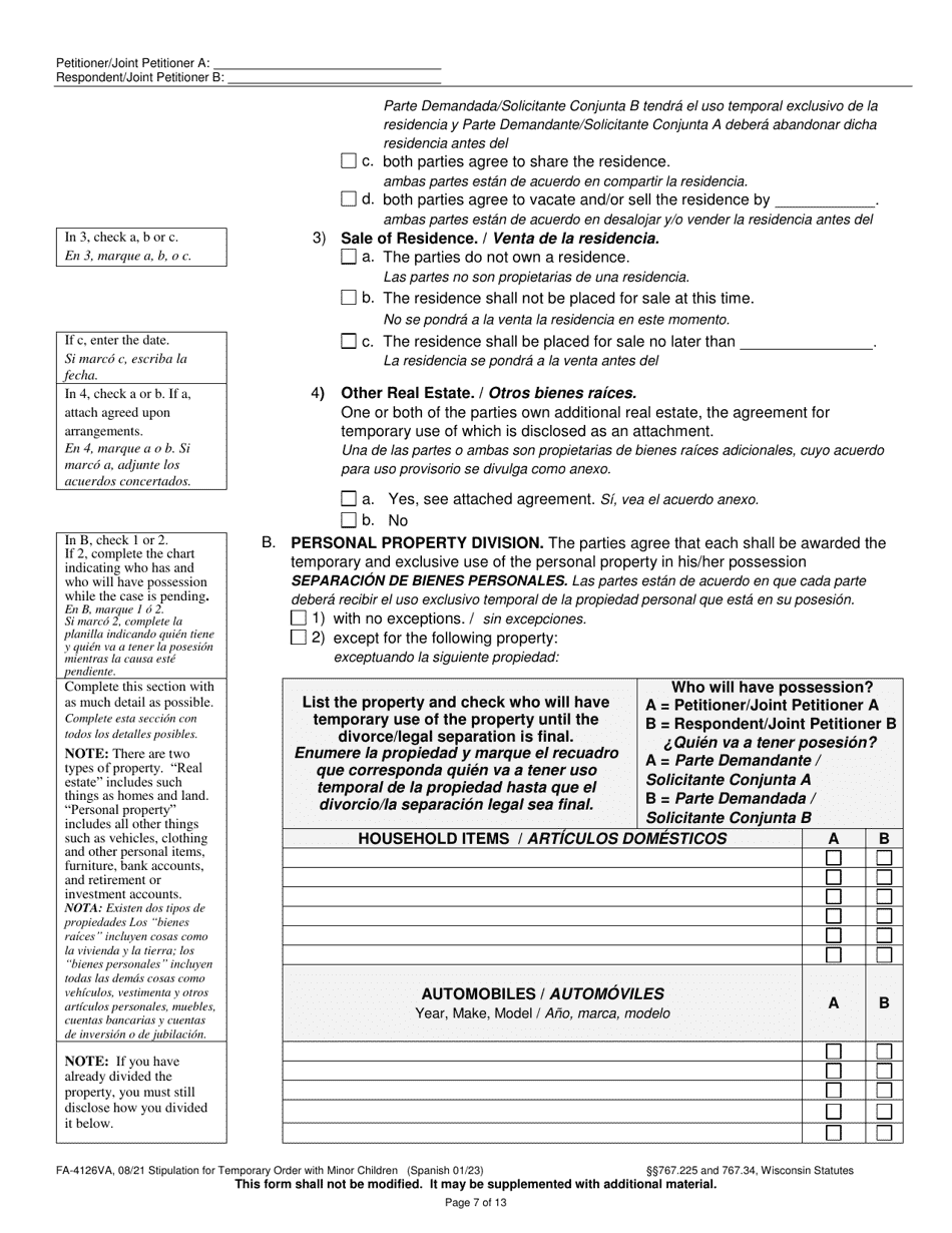 Form FA-4126VA Stipulation for Temporary Order With Minor Children - Wisconsin (English / Spanish), Page 7