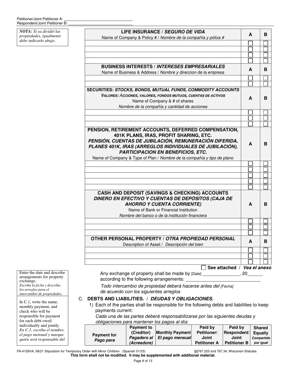 Form FA-4126VA Stipulation for Temporary Order With Minor Children - Wisconsin (English / Spanish), Page 8
