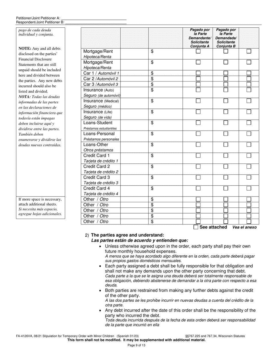 Form FA-4126VA Stipulation for Temporary Order With Minor Children - Wisconsin (English / Spanish), Page 9