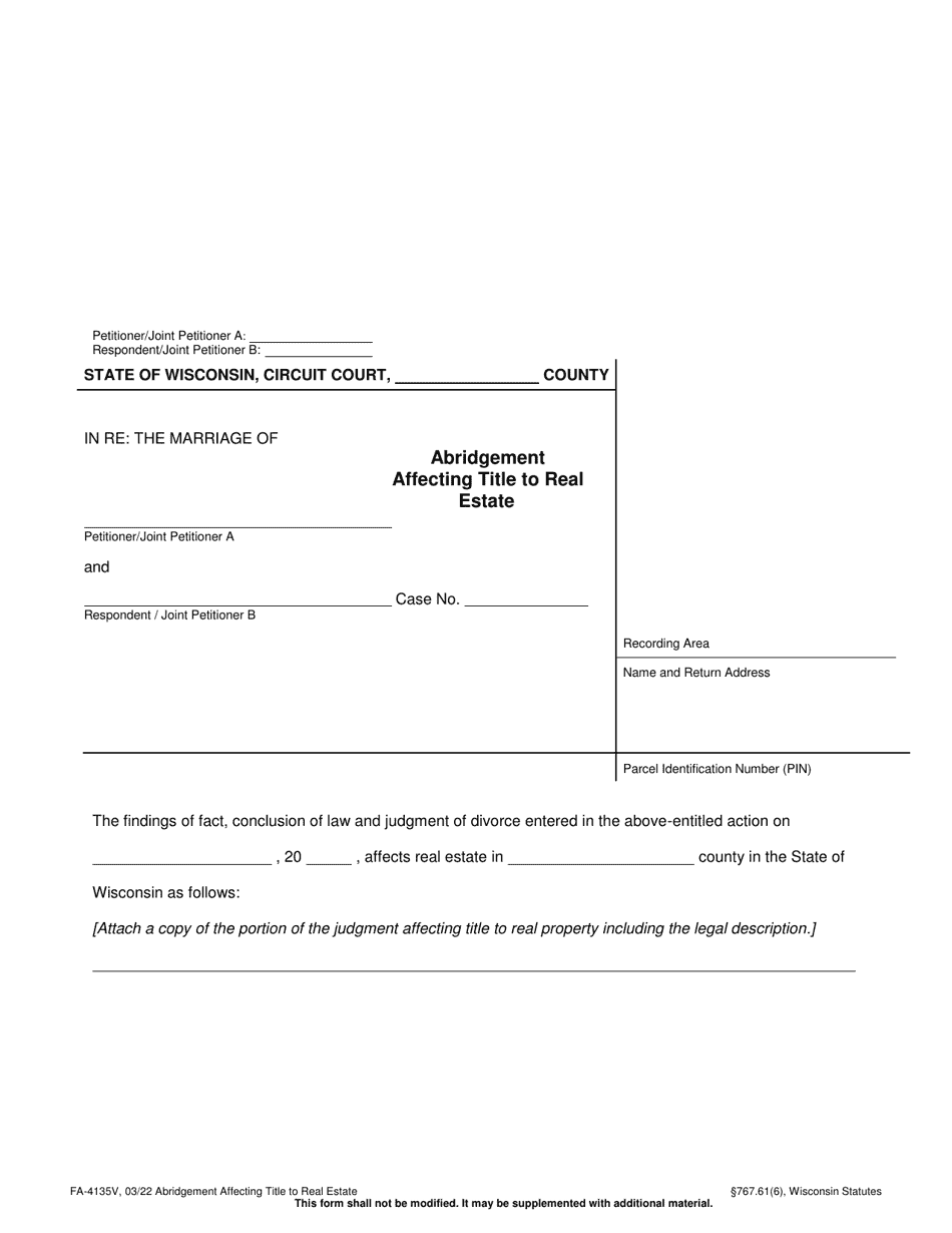 Form FA-4135V Abridgement Affecting Title to Real Estate - Wisconsin, Page 1
