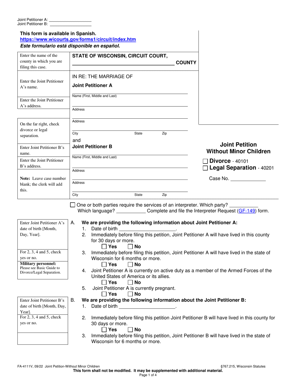 Form FA-4111V Joint Petition Without Minor Children - Wisconsin, Page 1