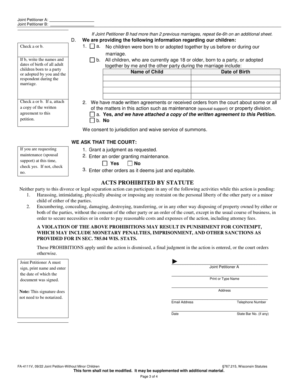Form FA-4111V Joint Petition Without Minor Children - Wisconsin, Page 3
