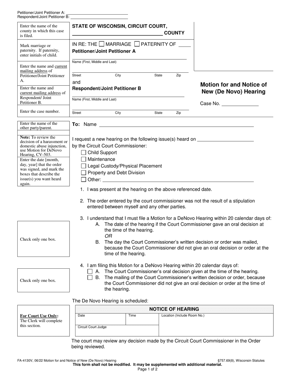 Form FA-4130V Download Printable PDF or Fill Online Motion for and ...