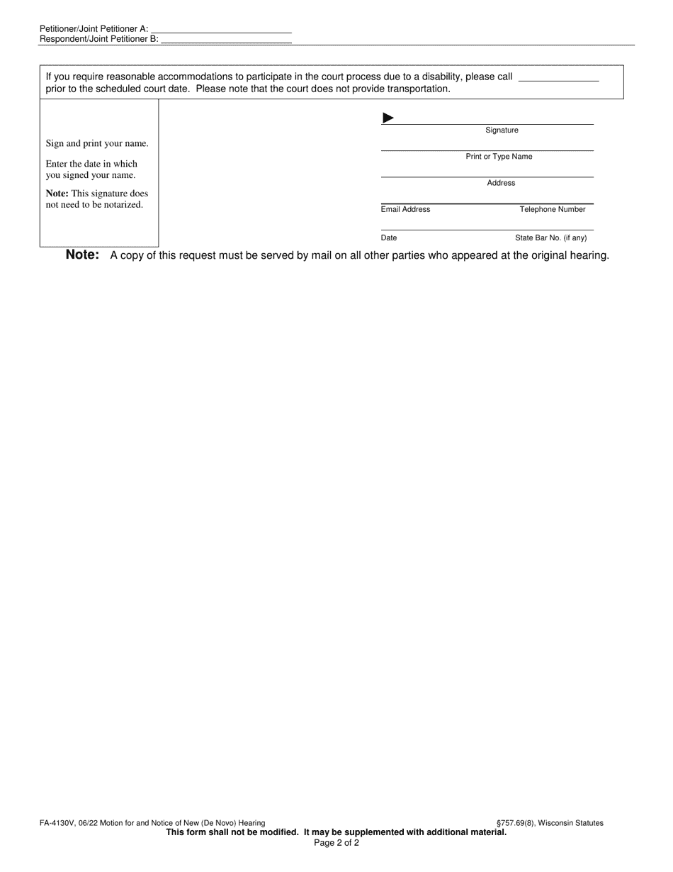 Form FA-4130V Download Printable PDF or Fill Online Motion for and ...