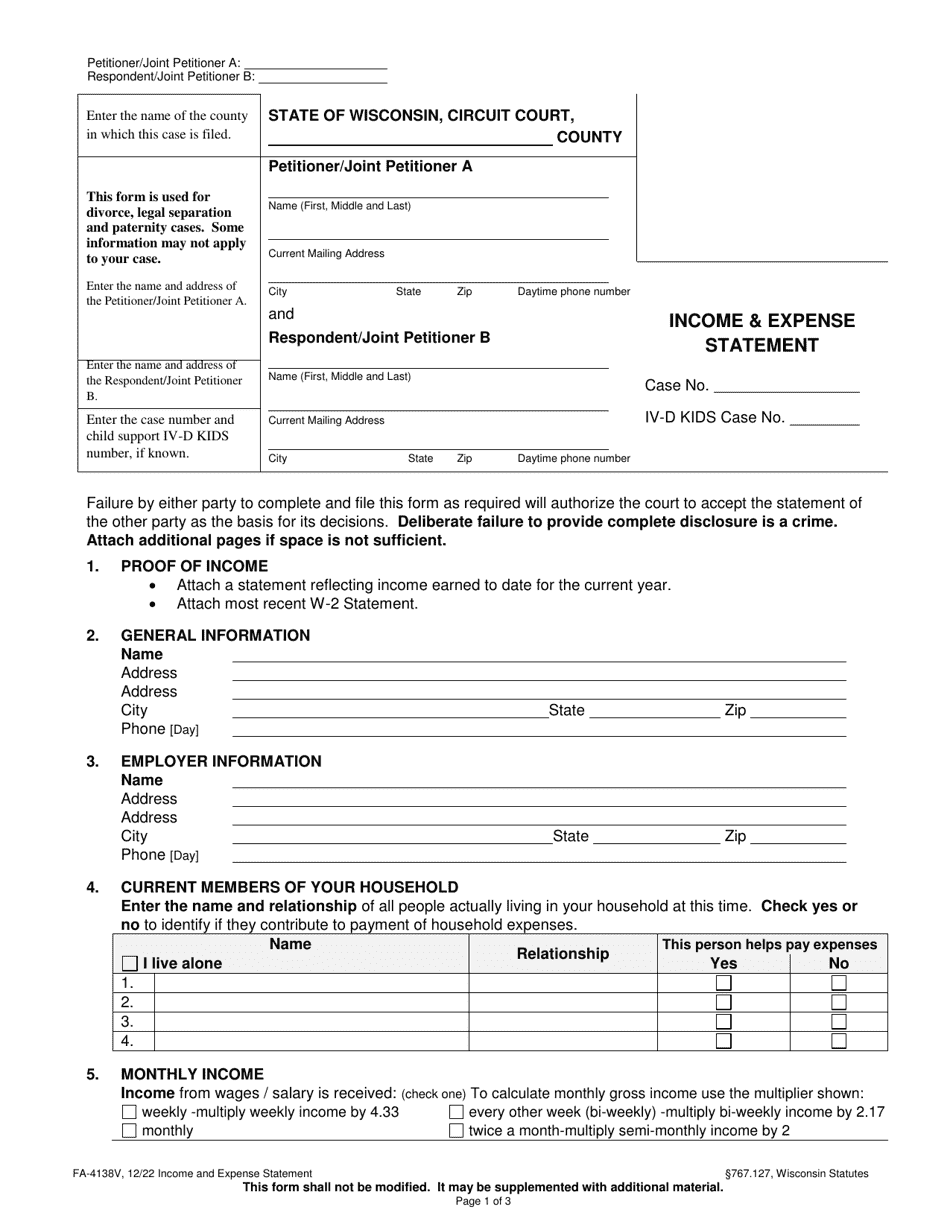 Form FA-4138V Income  Expense Statement - Wisconsin, Page 1