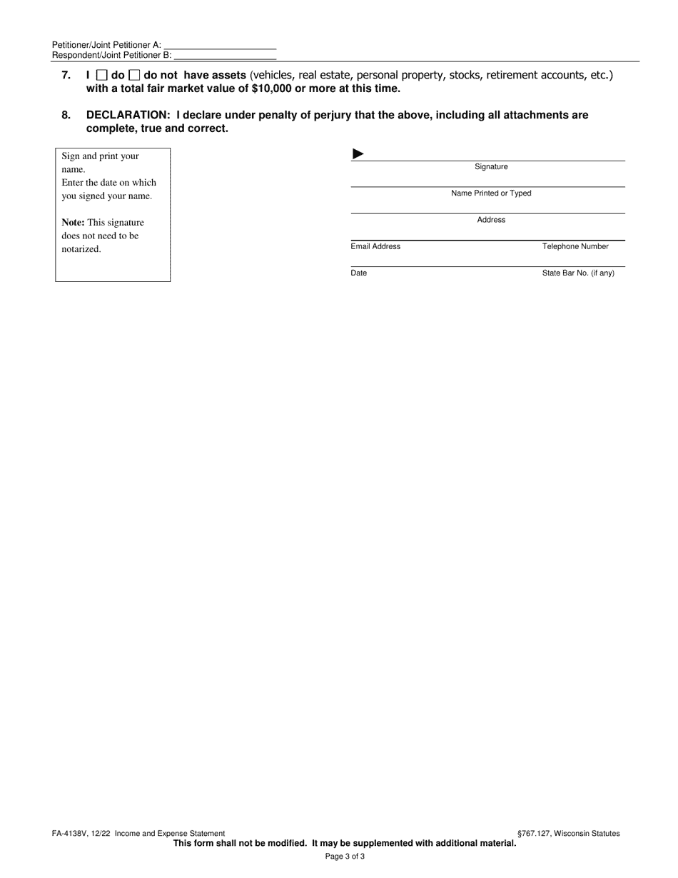 Form FA-4138V Income  Expense Statement - Wisconsin, Page 3