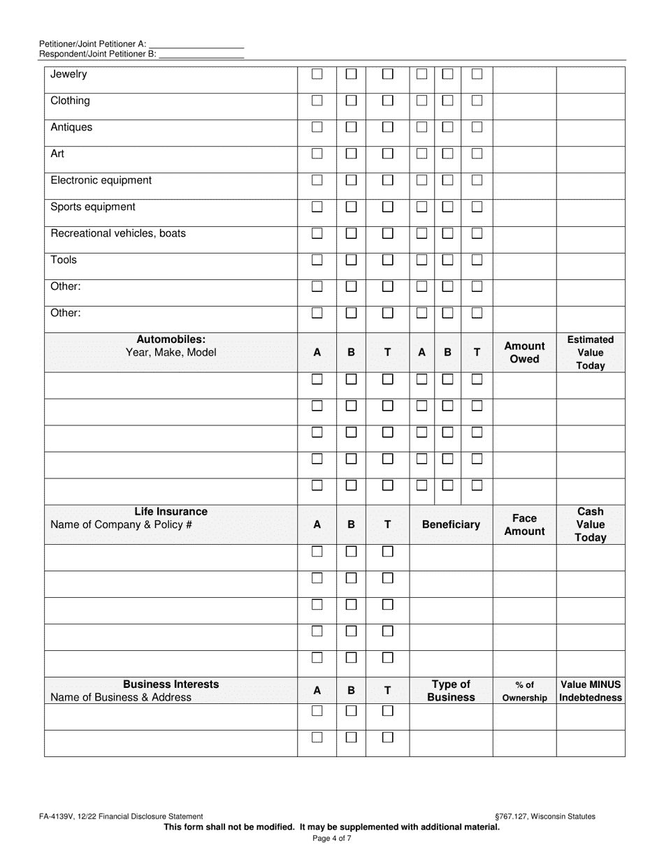 Form FA-4139V Financial Disclosure Statement of Petitioner / Joint Petitioner a / Respondent / Joint Petitioner B - Wisconsin, Page 4