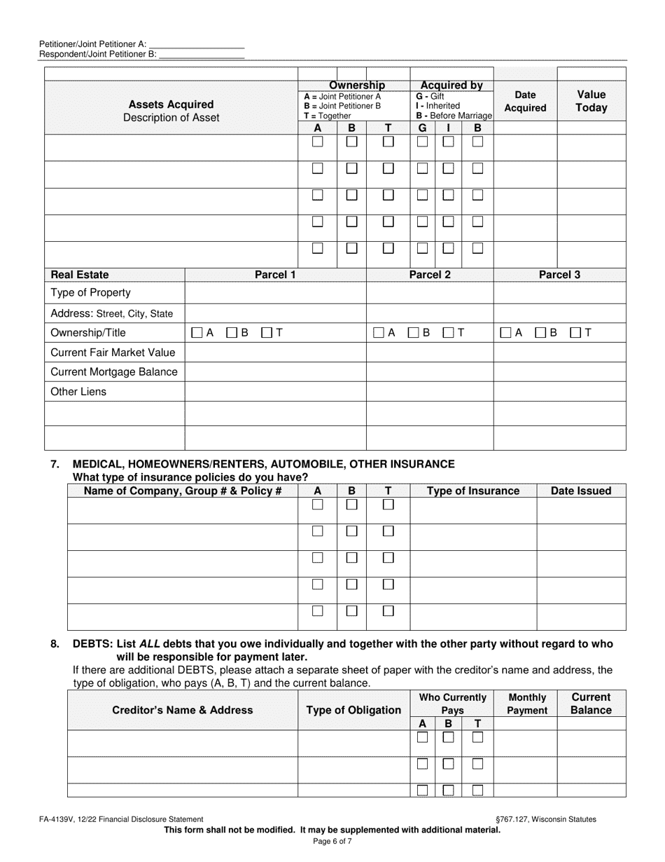 Form FA-4139V Financial Disclosure Statement of Petitioner / Joint Petitioner a / Respondent / Joint Petitioner B - Wisconsin, Page 6