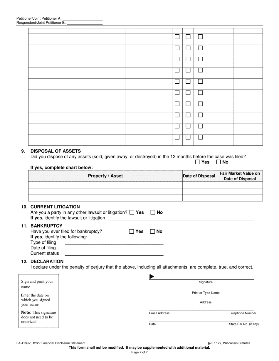 Form FA-4139V Financial Disclosure Statement of Petitioner / Joint Petitioner a / Respondent / Joint Petitioner B - Wisconsin, Page 7