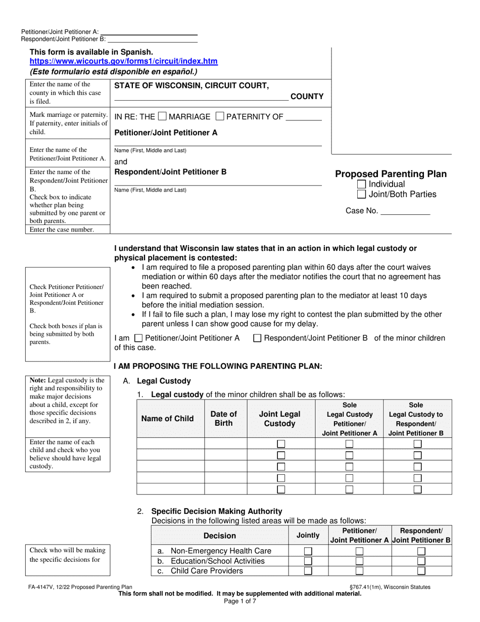 Form FA-4147V Proposed Parenting Plan - Wisconsin, Page 1