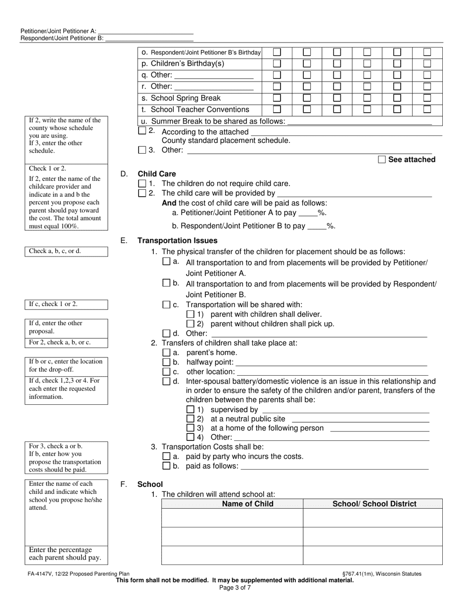 Form FA-4147V Proposed Parenting Plan - Wisconsin, Page 3