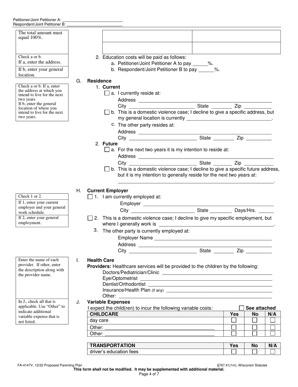 Form FA 4147V Download Printable PDF or Fill Online Proposed Parenting