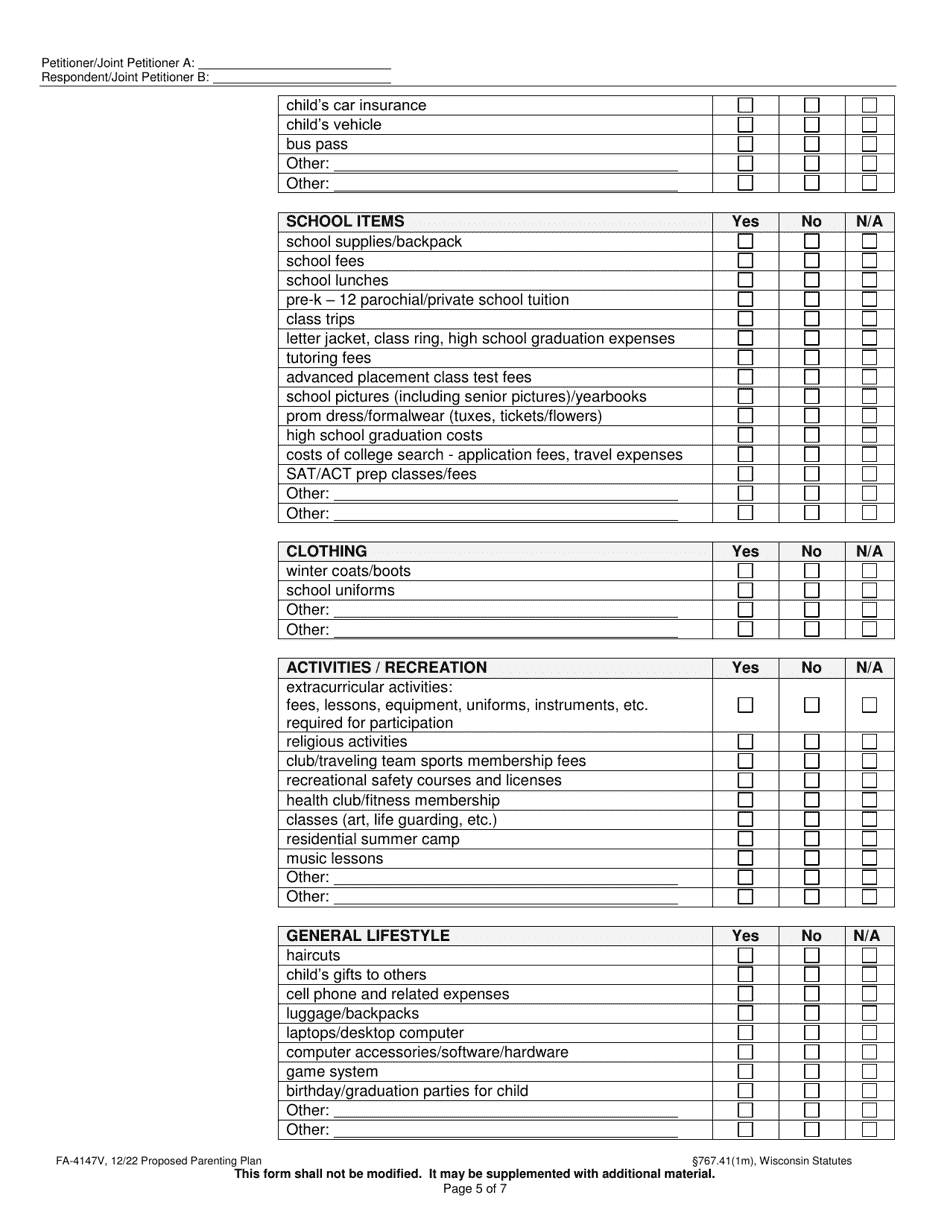 Form FA-4147V Proposed Parenting Plan - Wisconsin, Page 5