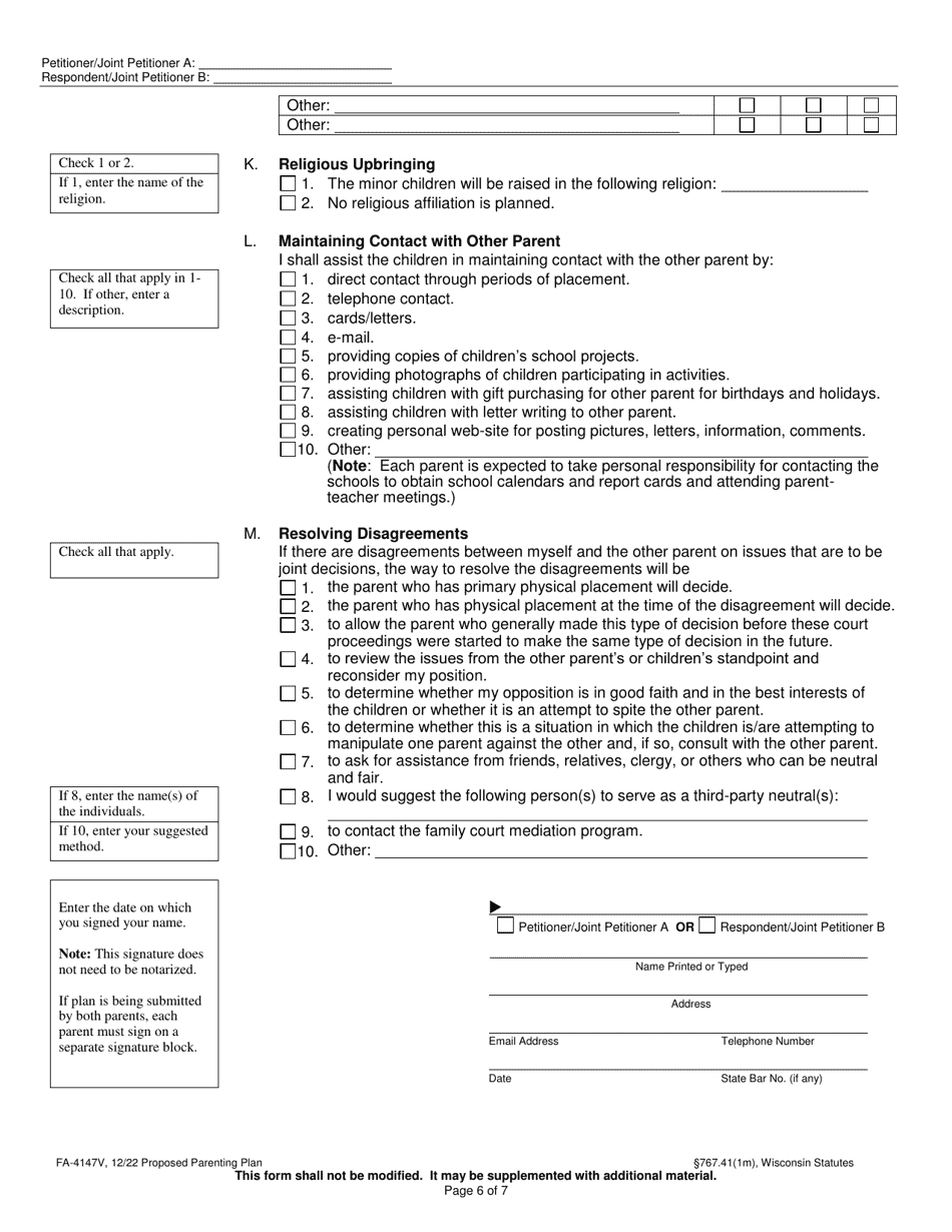 Form FA 4147V Download Printable PDF or Fill Online Proposed Parenting