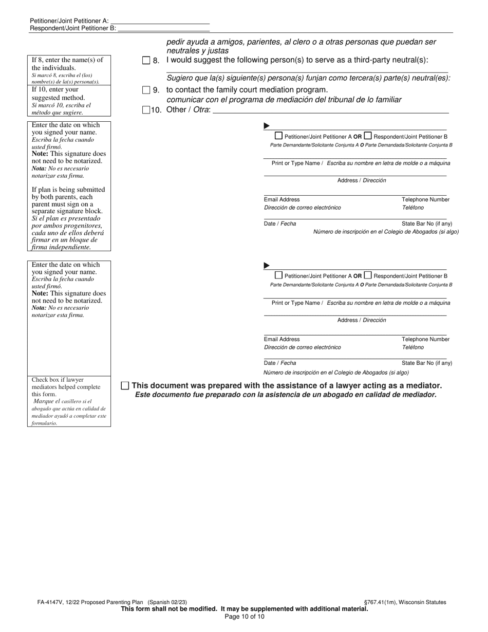 Form FA-4147V Proposed Parenting Plan - Wisconsin (English / Spanish), Page 10