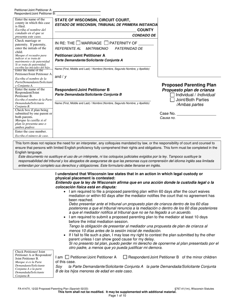 Form FA-4147V Proposed Parenting Plan - Wisconsin (English / Spanish), Page 1