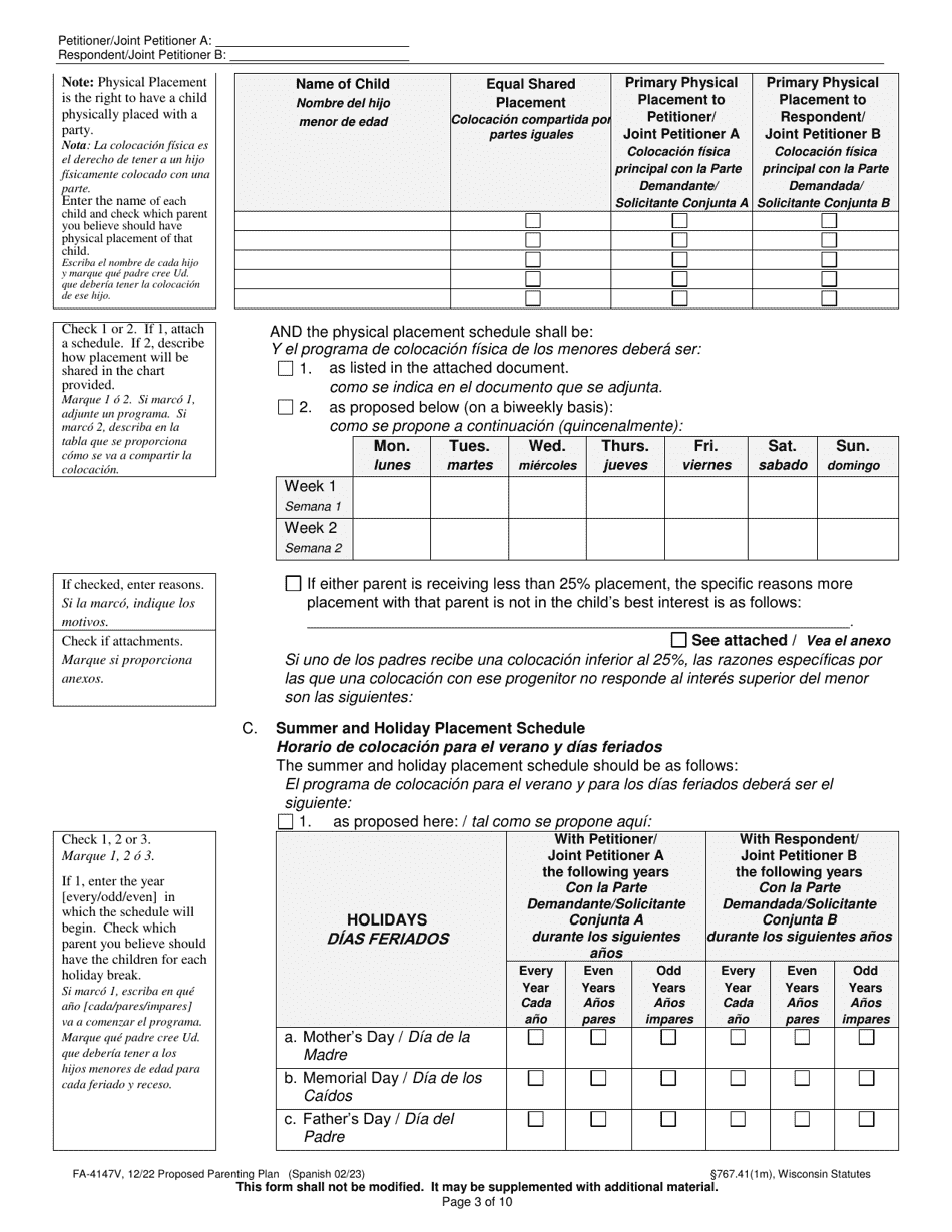 Form FA-4147V Proposed Parenting Plan - Wisconsin (English / Spanish), Page 3