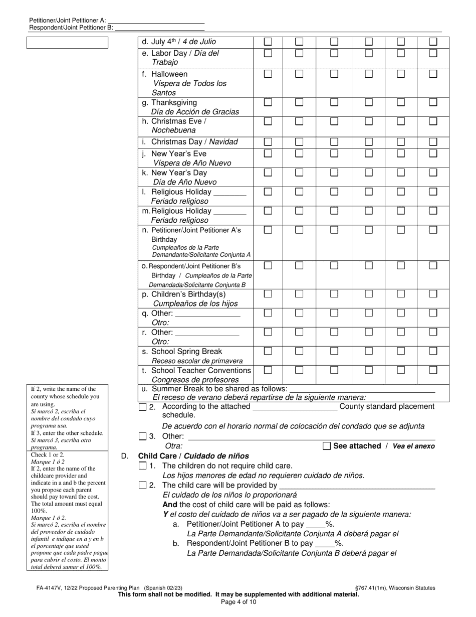 Form FA-4147V Proposed Parenting Plan - Wisconsin (English / Spanish), Page 4