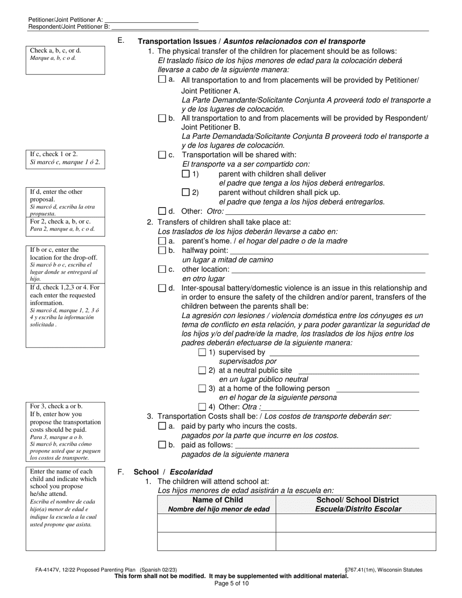 Form FA-4147V Proposed Parenting Plan - Wisconsin (English / Spanish), Page 5