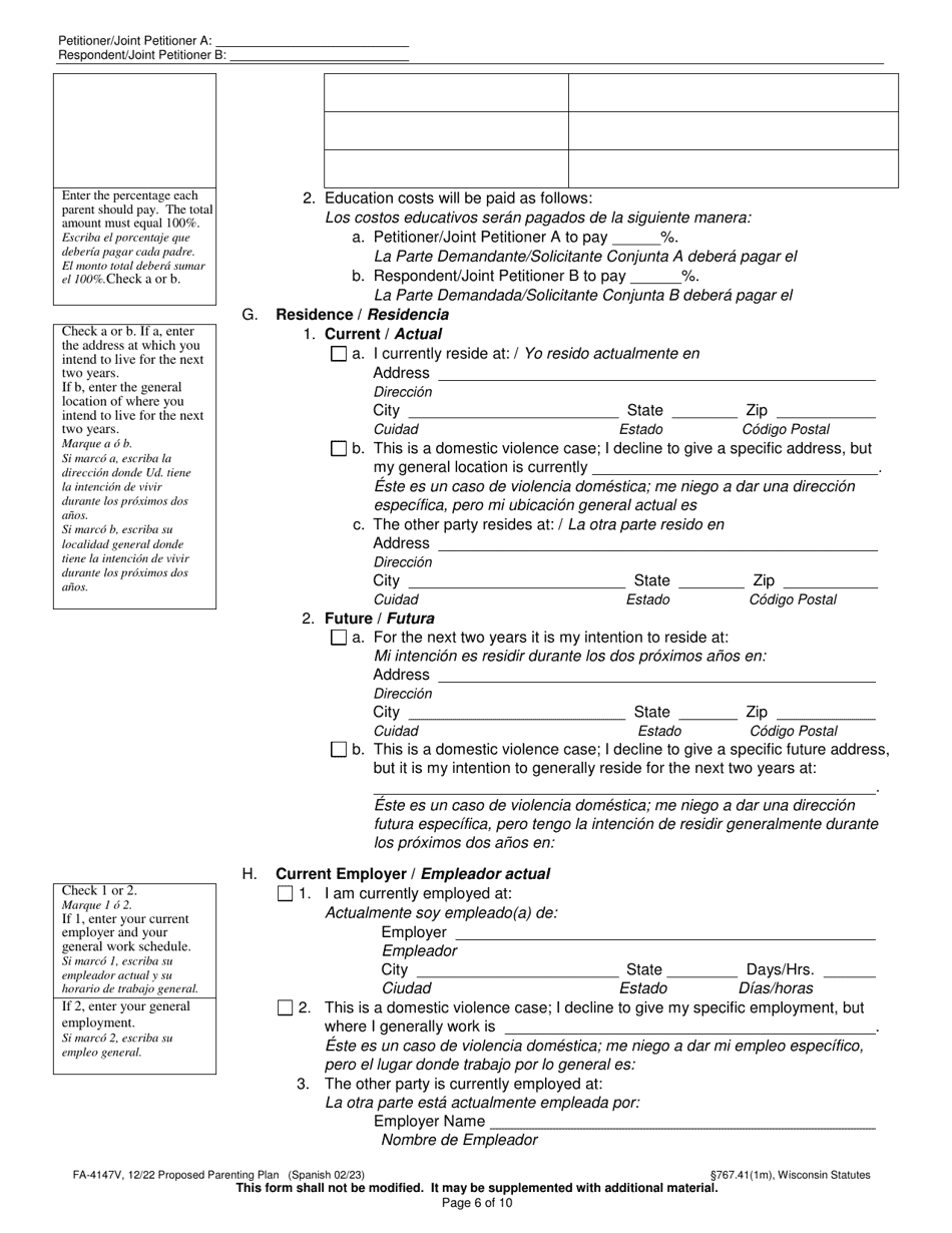Form FA-4147V Proposed Parenting Plan - Wisconsin (English / Spanish), Page 6