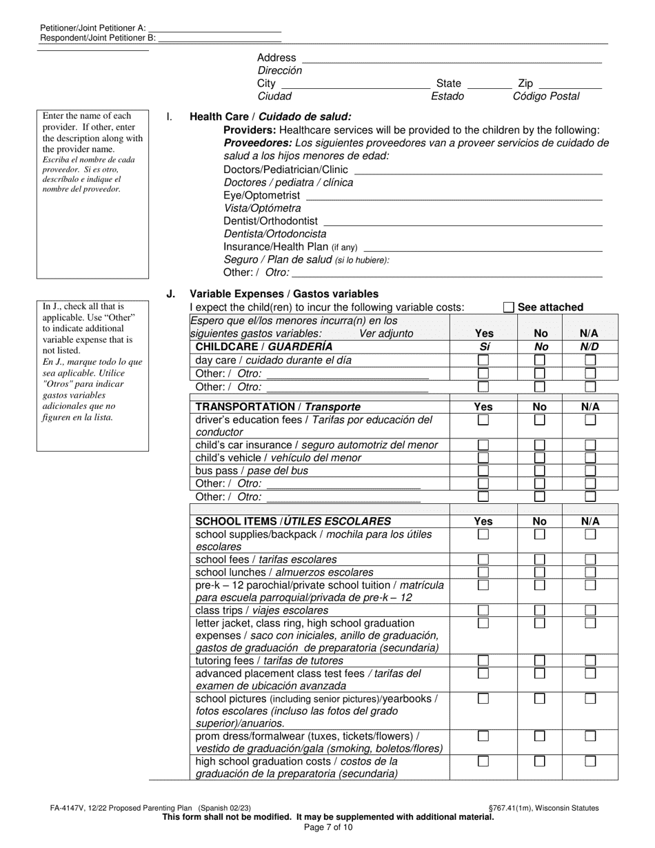 Form FA-4147V Proposed Parenting Plan - Wisconsin (English / Spanish), Page 7