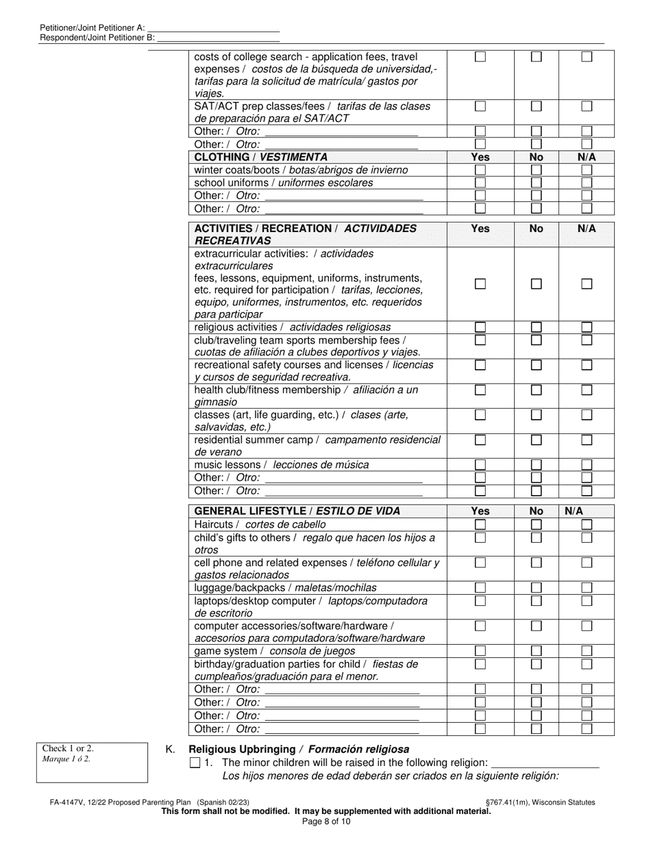 Form FA-4147V Proposed Parenting Plan - Wisconsin (English / Spanish), Page 8