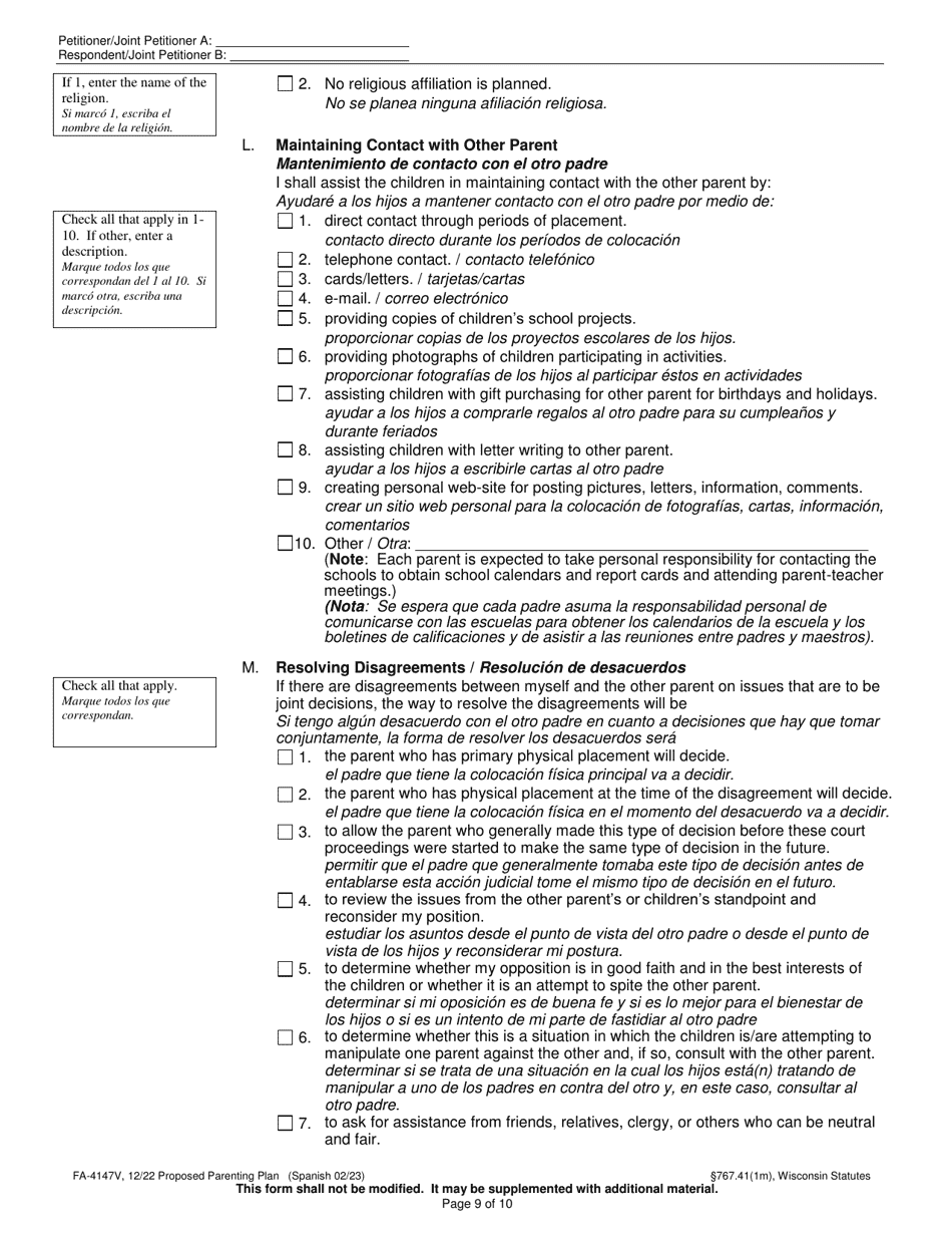 Form FA-4147V Proposed Parenting Plan - Wisconsin (English / Spanish), Page 9