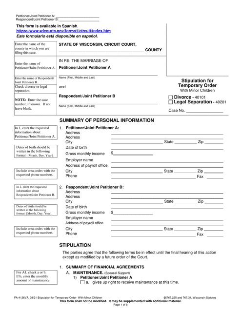 Form FA-4126VA Stipulation for Temporary Order With Minor Children - Wisconsin
