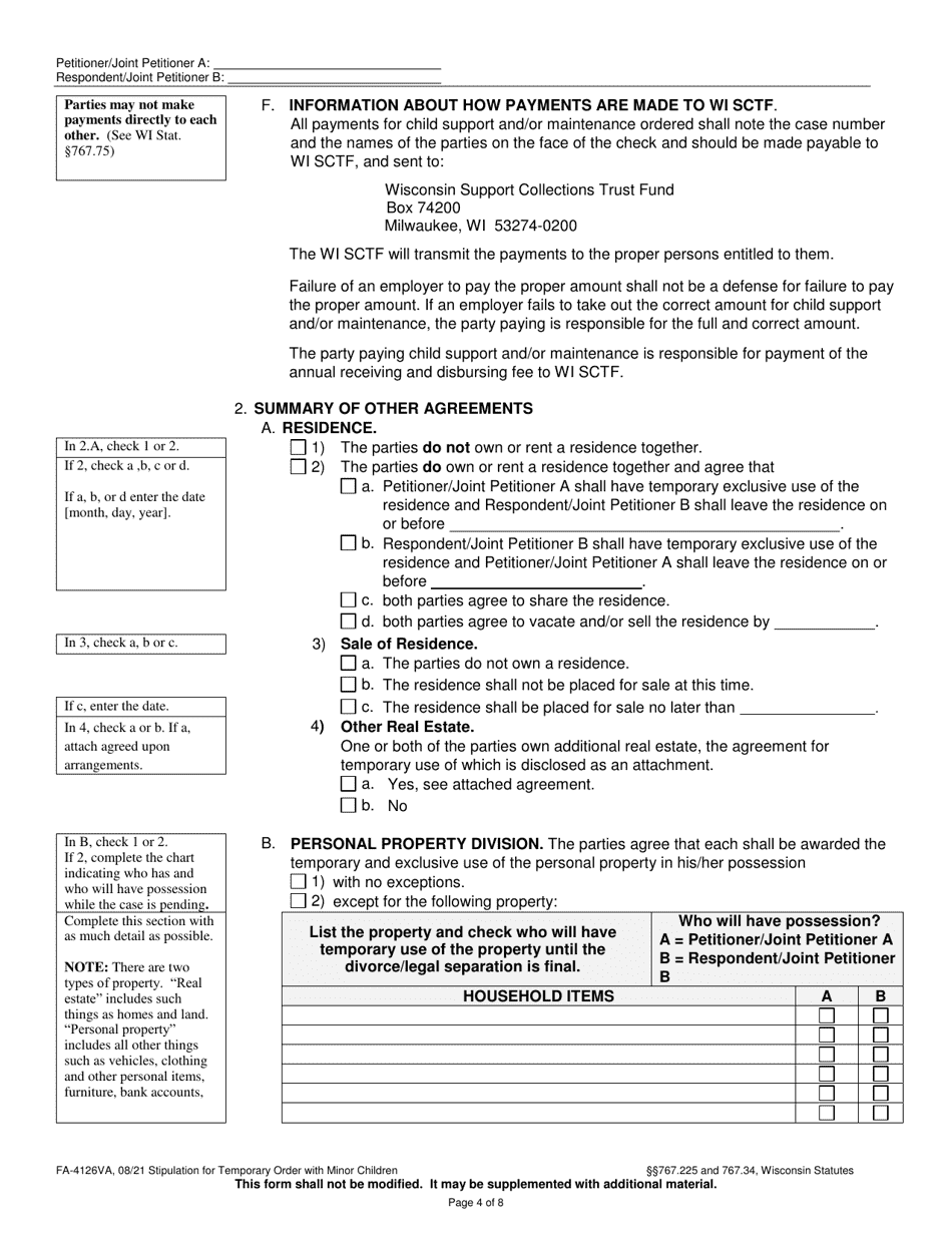 Form FA-4126VA Stipulation for Temporary Order With Minor Children - Wisconsin, Page 4