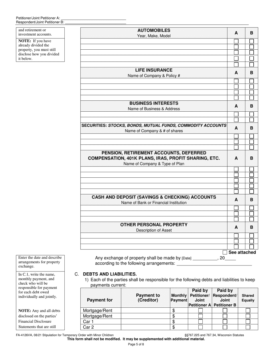 Form FA-4126VA Stipulation for Temporary Order With Minor Children - Wisconsin, Page 5