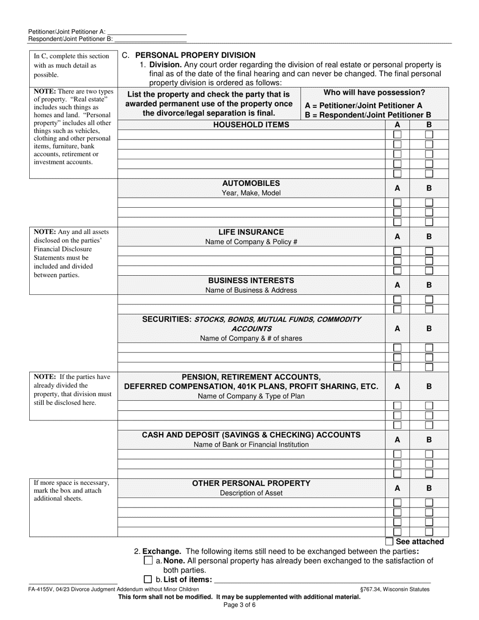 Form FA-4155V Divorce Judgment Addendum Without Minor Children - Wisconsin, Page 3