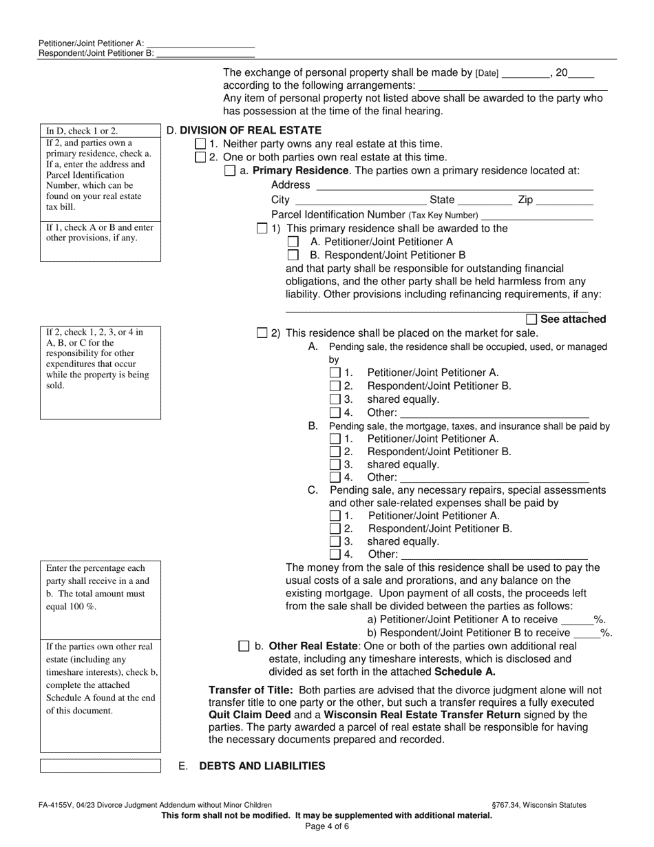 Form FA-4155V Divorce Judgment Addendum Without Minor Children - Wisconsin, Page 4