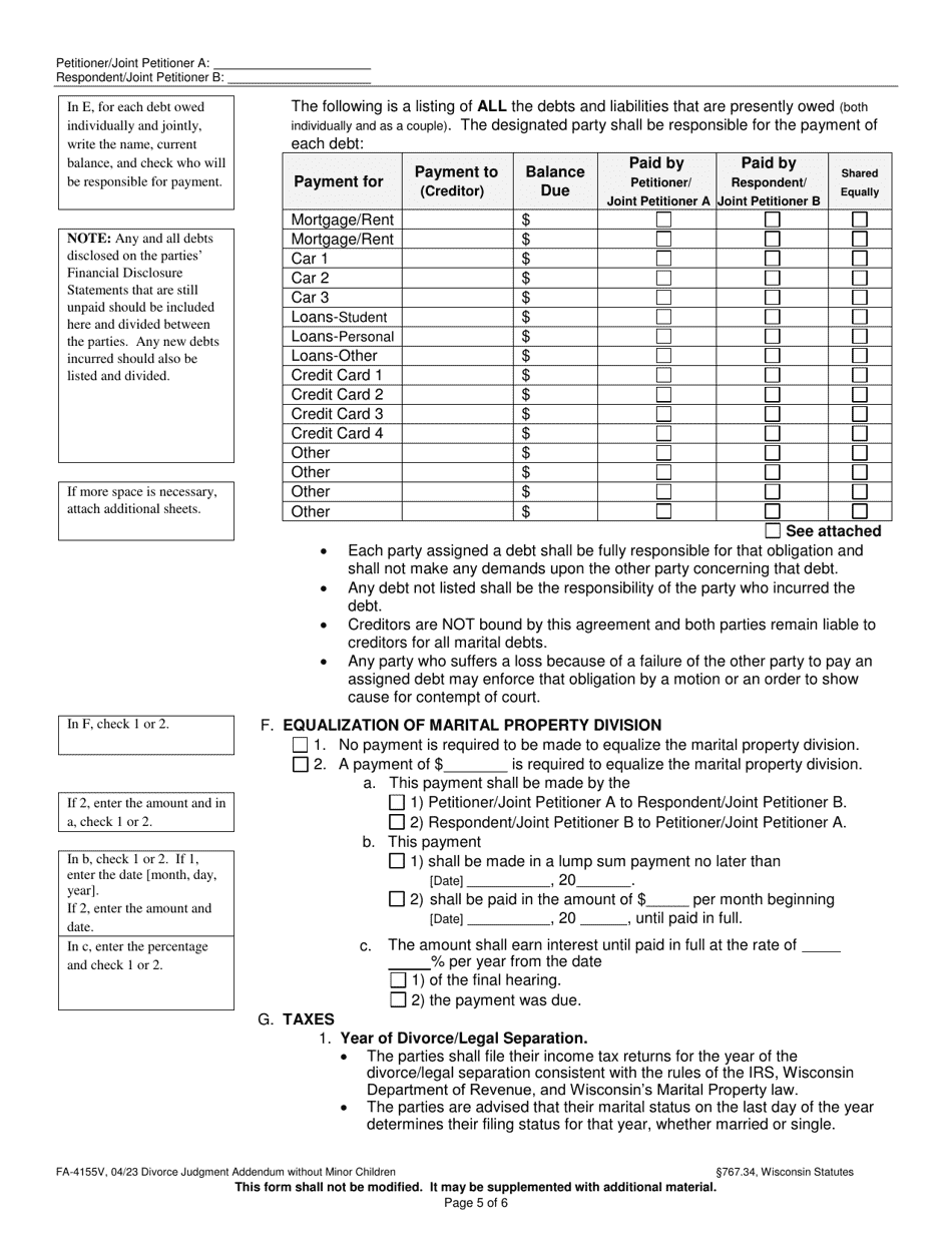 Form FA-4155V Divorce Judgment Addendum Without Minor Children - Wisconsin, Page 5