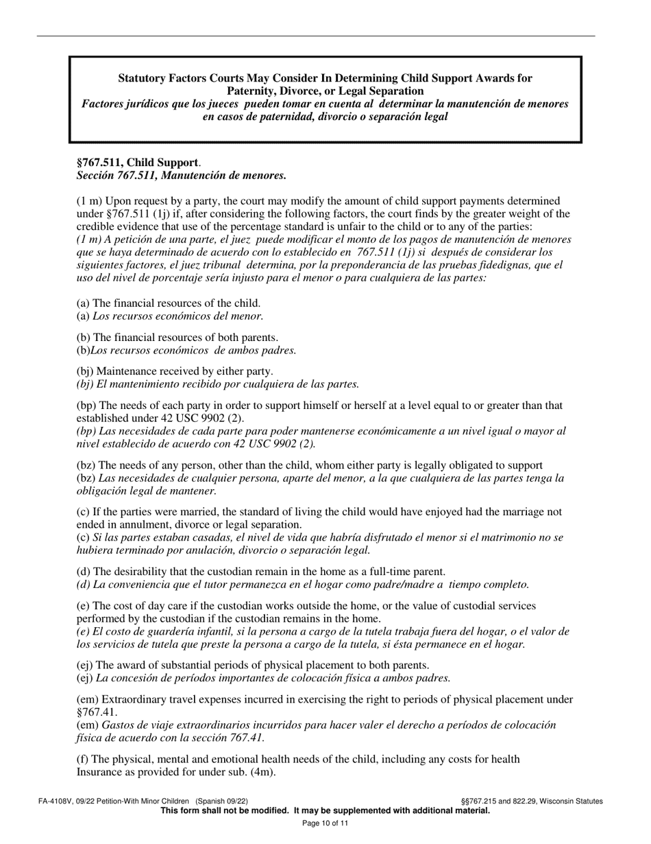Form FA-4108V Petition With Minor Children - Wisconsin (English / Spanish), Page 10