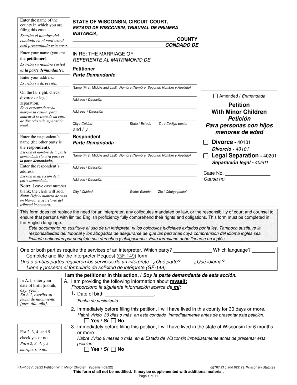 Form FA-4108V Petition With Minor Children - Wisconsin (English / Spanish), Page 1