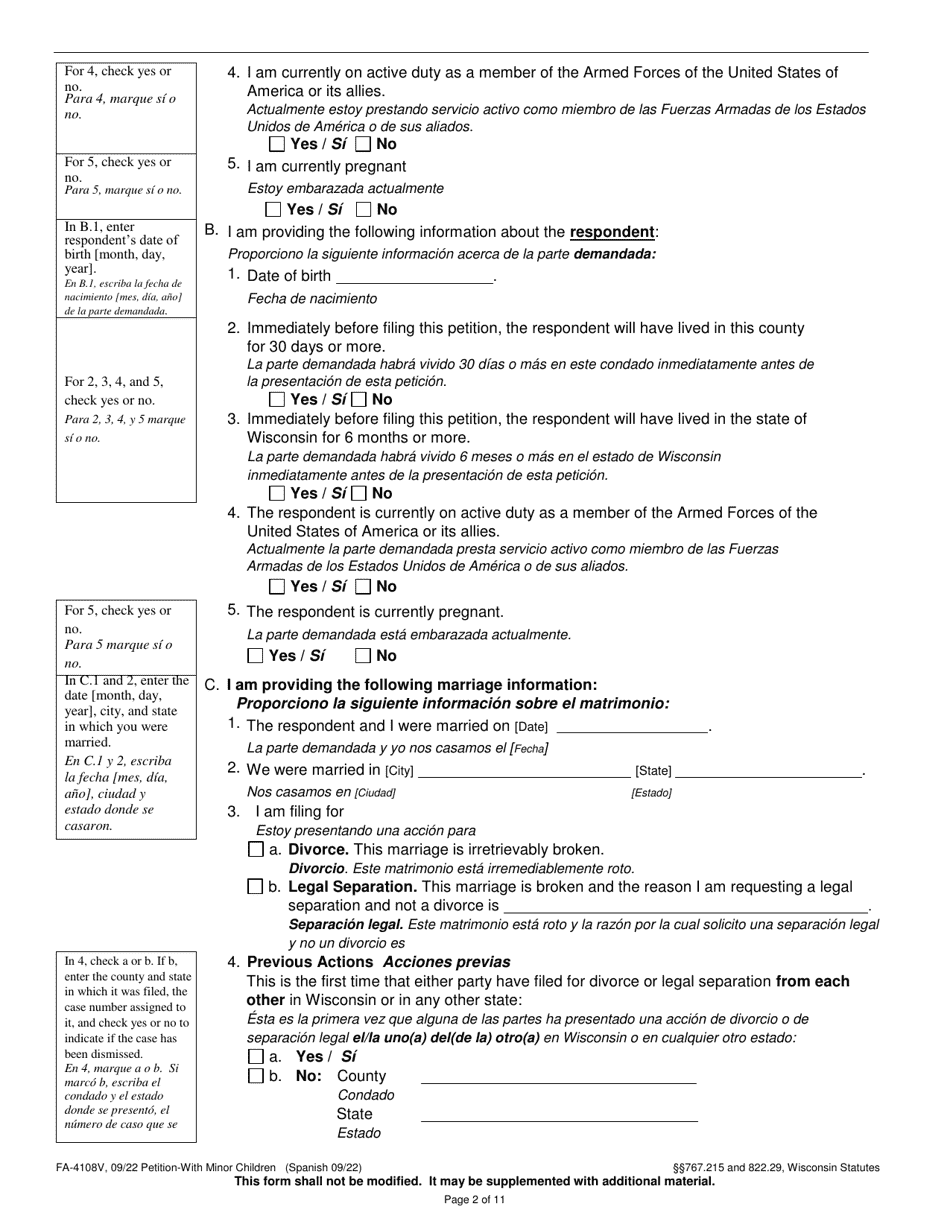 Form FA-4108V Petition With Minor Children - Wisconsin (English / Spanish), Page 2